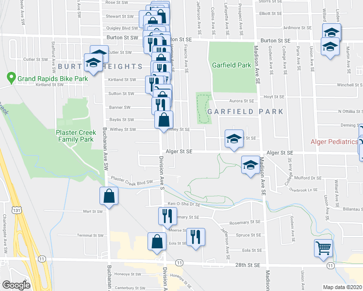 map of restaurants, bars, coffee shops, grocery stores, and more near 2336 Horton Avenue Southeast in Grand Rapids