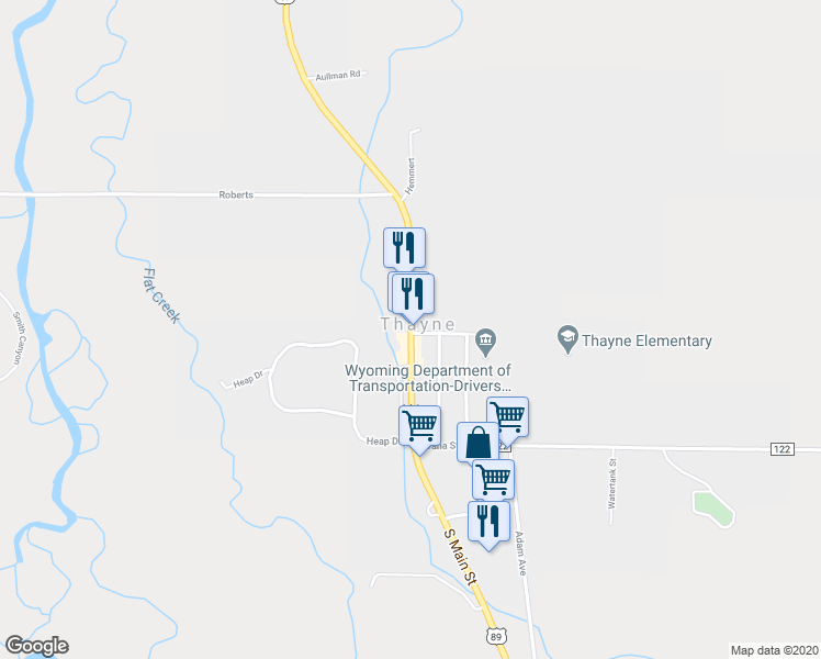 map of restaurants, bars, coffee shops, grocery stores, and more near No Main Street in Thayne