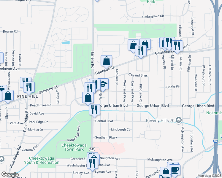 map of restaurants, bars, coffee shops, grocery stores, and more near 205 Rosewood Terrace in Buffalo