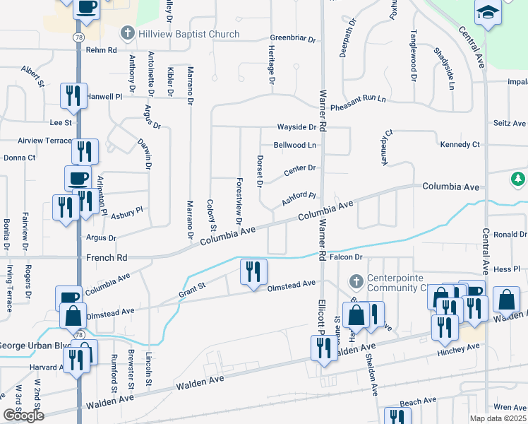 map of restaurants, bars, coffee shops, grocery stores, and more near 2 Ashford Place in Depew