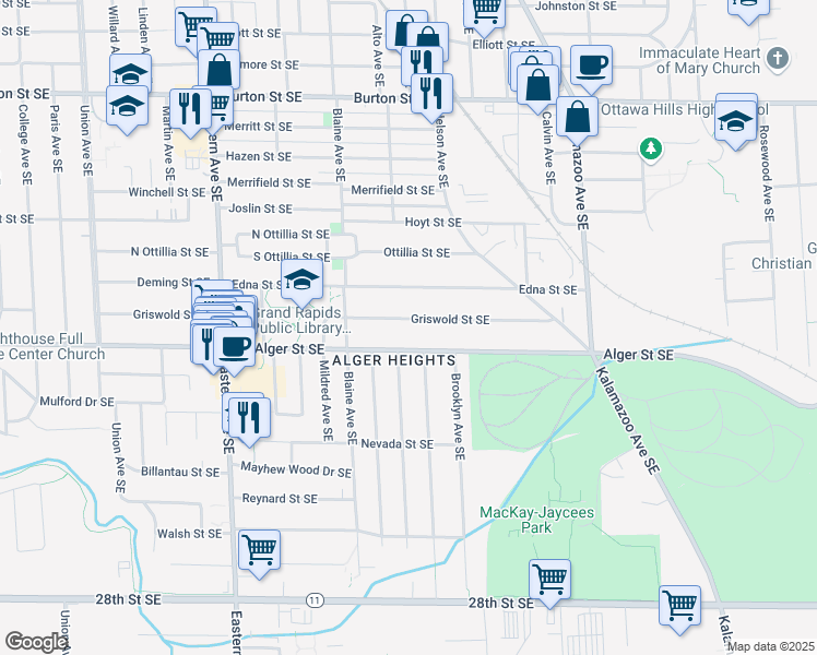 map of restaurants, bars, coffee shops, grocery stores, and more near 1104 Griswold Street Southeast in Grand Rapids
