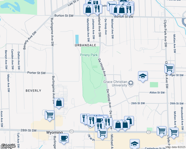 map of restaurants, bars, coffee shops, grocery stores, and more near 2301 De Hoop Avenue in Wyoming
