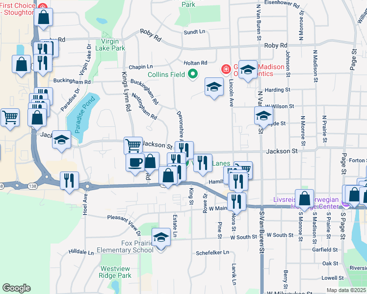 map of restaurants, bars, coffee shops, grocery stores, and more near 315 Devonshire Road in Stoughton