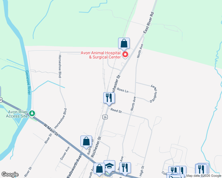 map of restaurants, bars, coffee shops, grocery stores, and more near 301 Rochester Street in Avon