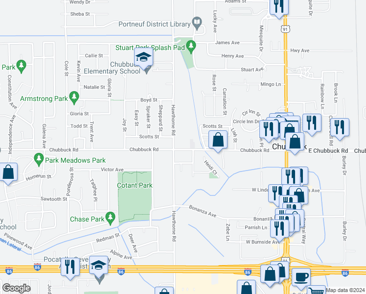map of restaurants, bars, coffee shops, grocery stores, and more near in Chubbuck