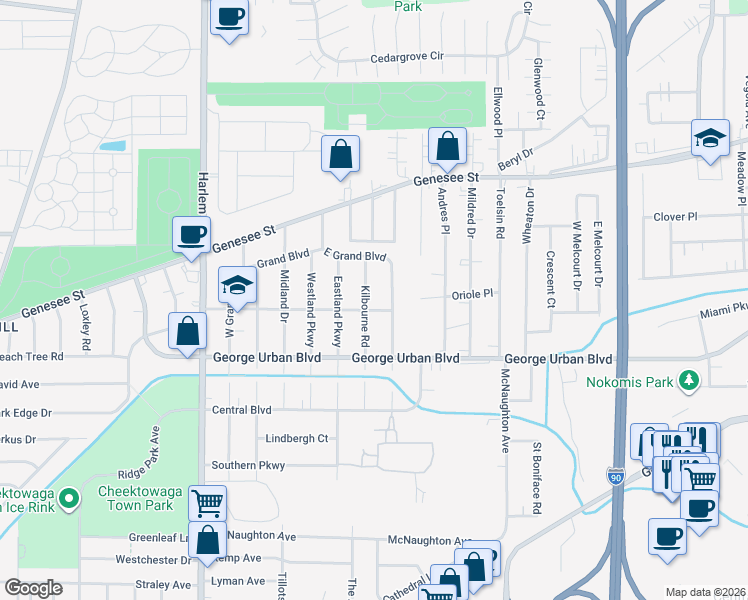 map of restaurants, bars, coffee shops, grocery stores, and more near 135 Kilbourne Road in Buffalo