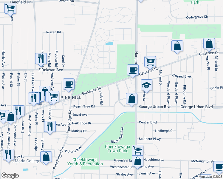 map of restaurants, bars, coffee shops, grocery stores, and more near 2563 Genesee Street in Buffalo