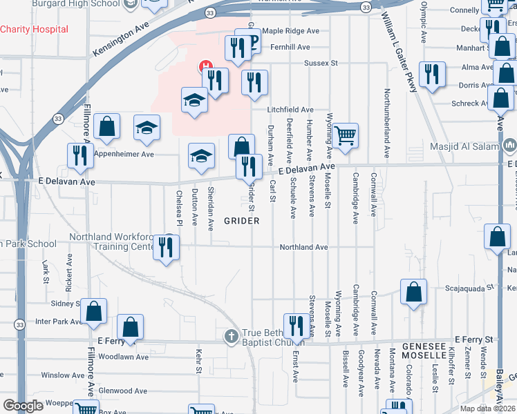 map of restaurants, bars, coffee shops, grocery stores, and more near 234 Carl Street in Buffalo