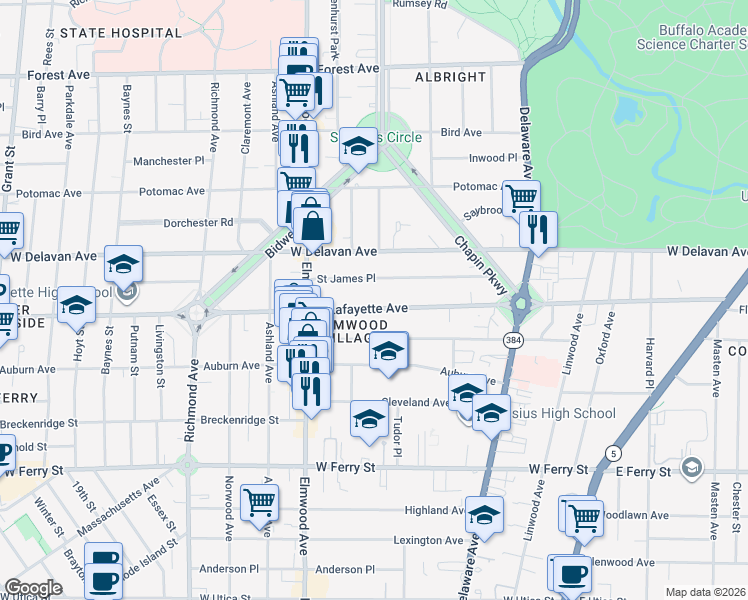 map of restaurants, bars, coffee shops, grocery stores, and more near 142 Saint James Place in Buffalo