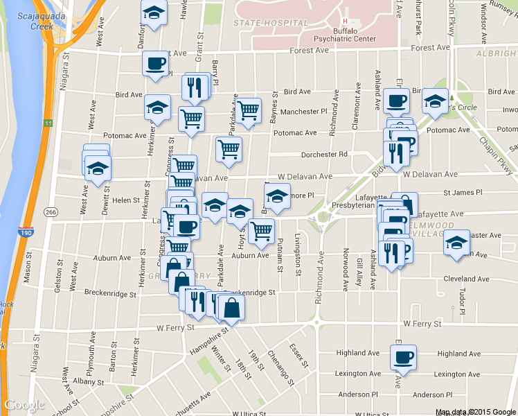 map of restaurants, bars, coffee shops, grocery stores, and more near 370 Lafayette Avenue in Buffalo