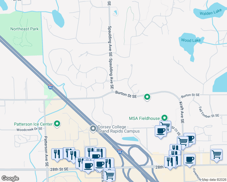 map of restaurants, bars, coffee shops, grocery stores, and more near 5248 Spaulding Boulevard Southeast in Grand Rapids