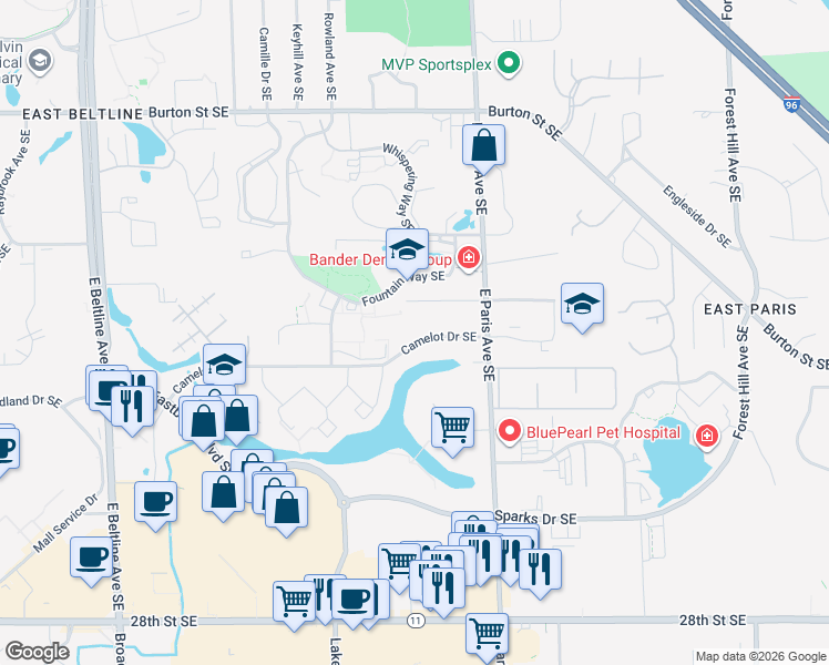 map of restaurants, bars, coffee shops, grocery stores, and more near 3925 Camelot Drive Southeast in Grand Rapids