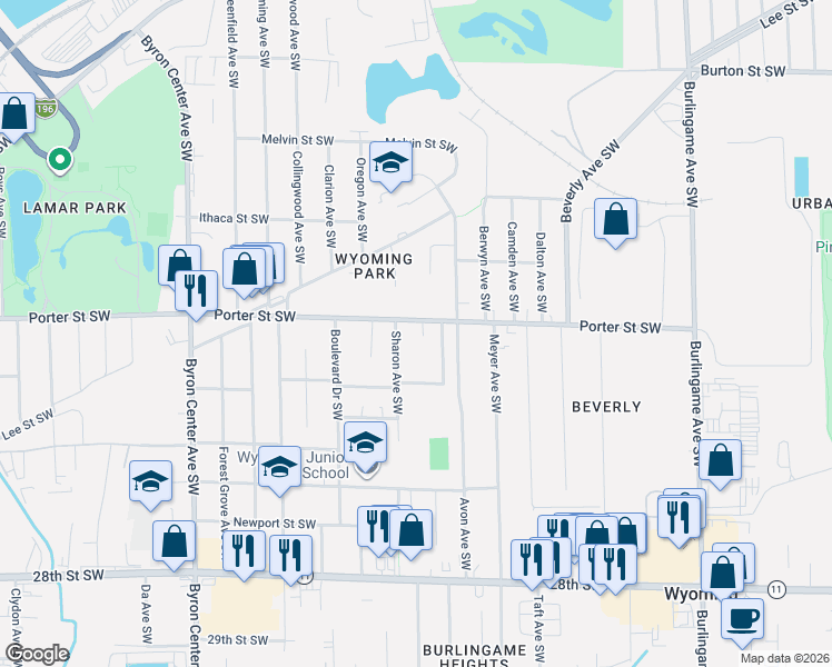 map of restaurants, bars, coffee shops, grocery stores, and more near 2014 Porter Street Southwest in Wyoming