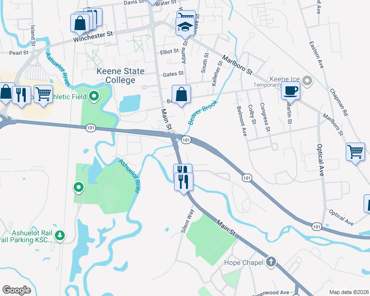 map of restaurants, bars, coffee shops, grocery stores, and more near 492 Main Street in Keene