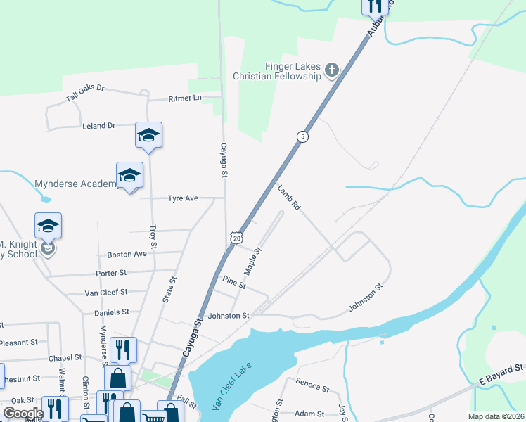map of restaurants, bars, coffee shops, grocery stores, and more near 24 U.S. 20 in Seneca Falls