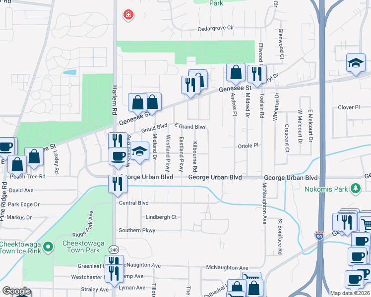 map of restaurants, bars, coffee shops, grocery stores, and more near 222 Eastland Parkway in Buffalo