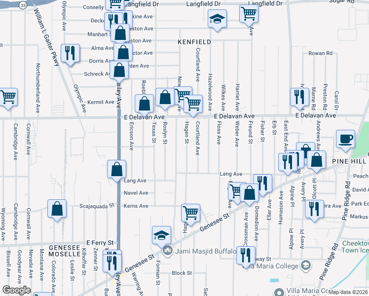 map of restaurants, bars, coffee shops, grocery stores, and more near 231 Newburgh Avenue in Buffalo