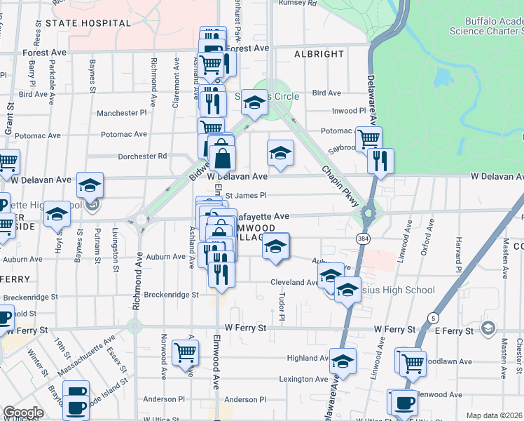 map of restaurants, bars, coffee shops, grocery stores, and more near 142 Saint James Place in Buffalo