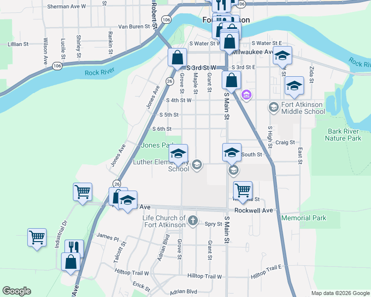 map of restaurants, bars, coffee shops, grocery stores, and more near 619 Grove Street in Fort Atkinson