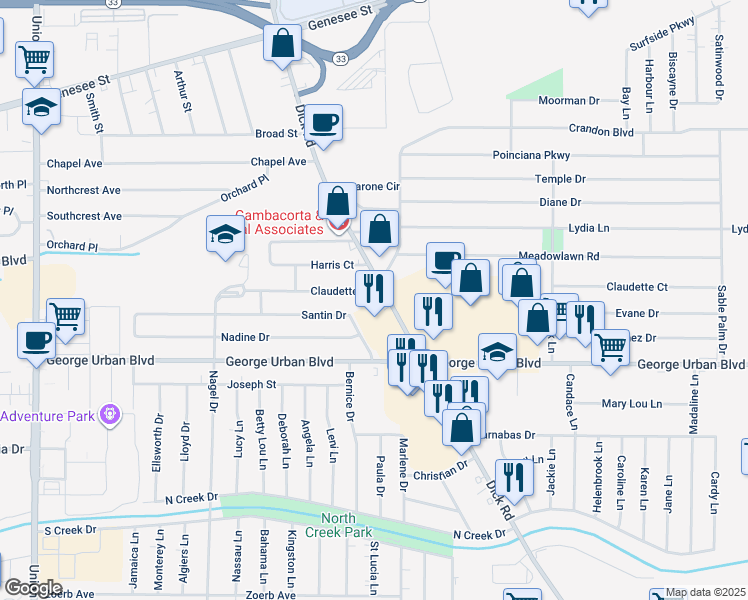 map of restaurants, bars, coffee shops, grocery stores, and more near 670 Dick Road in Buffalo