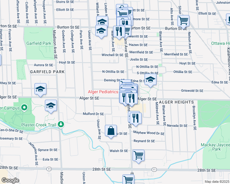 map of restaurants, bars, coffee shops, grocery stores, and more near 702 Griswold Street Southeast in Grand Rapids