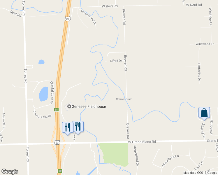 map of restaurants, bars, coffee shops, grocery stores, and more near 7310 Brewer Road in Flint