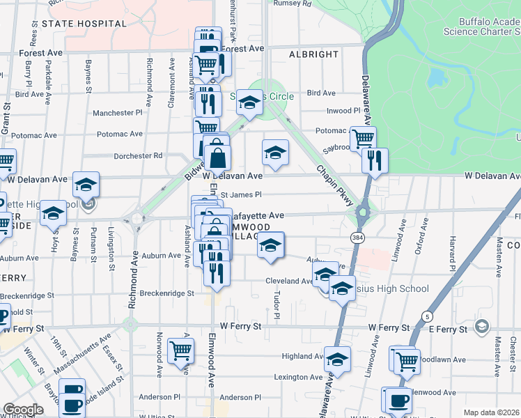 map of restaurants, bars, coffee shops, grocery stores, and more near 142 Saint James Place in Buffalo