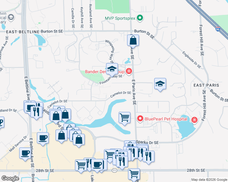 map of restaurants, bars, coffee shops, grocery stores, and more near 3925 Camelot Drive Southeast in Grand Rapids