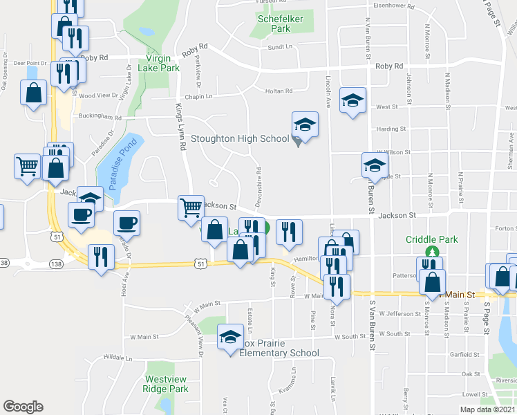map of restaurants, bars, coffee shops, grocery stores, and more near 319 Devonshire Road in Stoughton