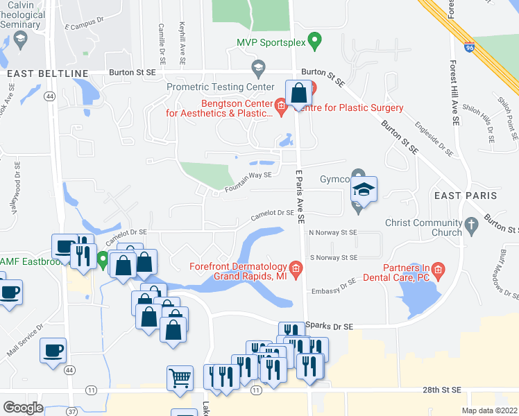 map of restaurants, bars, coffee shops, grocery stores, and more near 3925 Camelot Drive Southeast in Grand Rapids