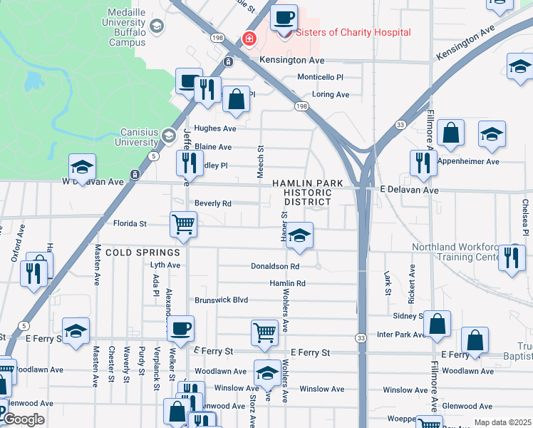 map of restaurants, bars, coffee shops, grocery stores, and more near 25 Pleasant Place in Buffalo