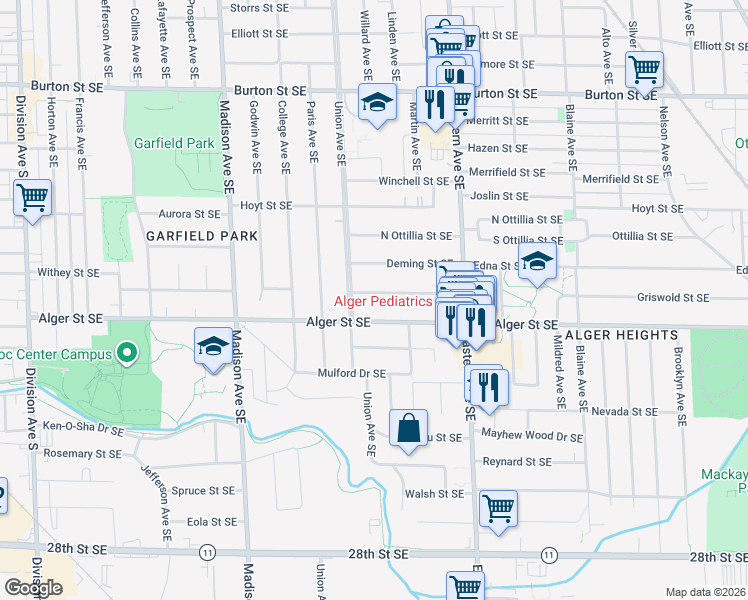 map of restaurants, bars, coffee shops, grocery stores, and more near 622 Griswold Street Southeast in Grand Rapids