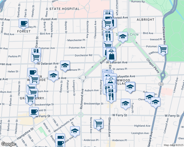map of restaurants, bars, coffee shops, grocery stores, and more near 15 Bidwell Parkway in Buffalo