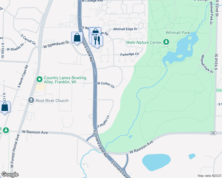 map of restaurants, bars, coffee shops, grocery stores, and more near 10572 West Cortez Circle in Franklin