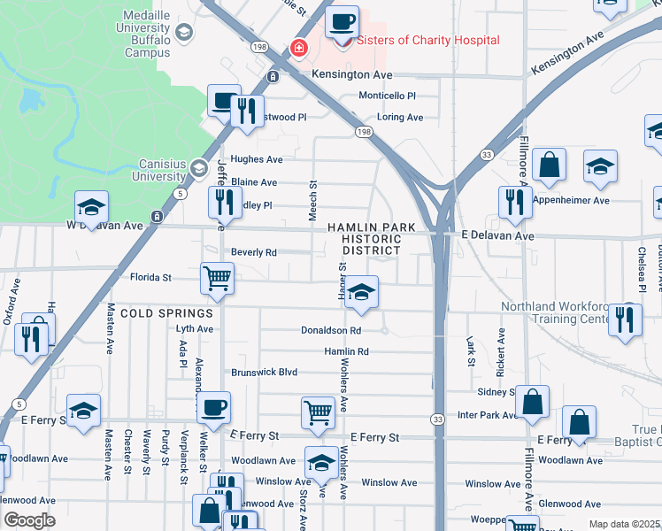 map of restaurants, bars, coffee shops, grocery stores, and more near 25 Pleasant Place in Buffalo