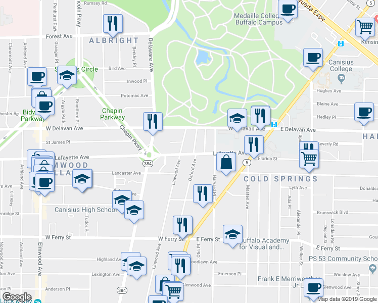 map of restaurants, bars, coffee shops, grocery stores, and more near 210 Oxford Avenue in Buffalo