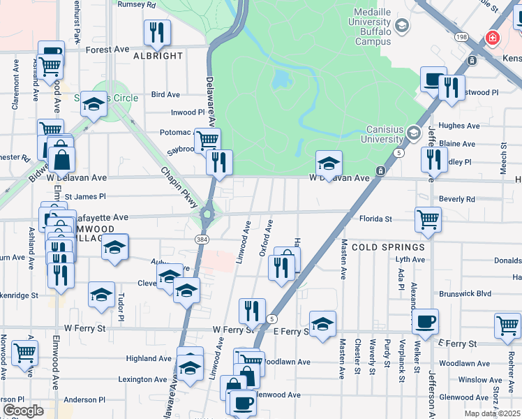 map of restaurants, bars, coffee shops, grocery stores, and more near 210 Oxford Avenue in Buffalo