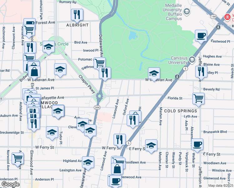 map of restaurants, bars, coffee shops, grocery stores, and more near 684 Linwood Avenue in Buffalo