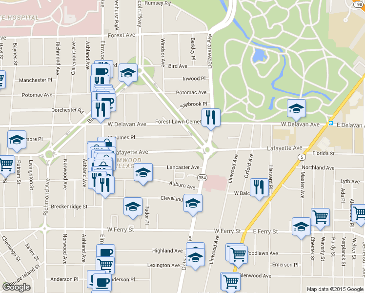 map of restaurants, bars, coffee shops, grocery stores, and more near 16 Saint James Place in Buffalo