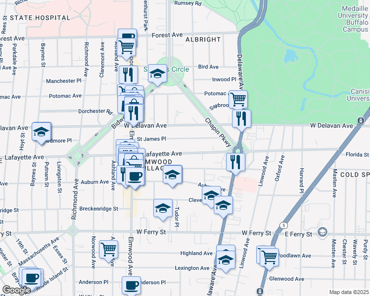 map of restaurants, bars, coffee shops, grocery stores, and more near 102 Saint James Place in Buffalo