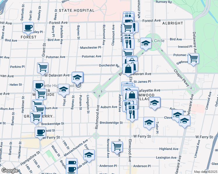 map of restaurants, bars, coffee shops, grocery stores, and more near 15 Bidwell Parkway in Buffalo