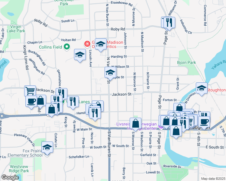 map of restaurants, bars, coffee shops, grocery stores, and more near 814 Jackson Street in Stoughton