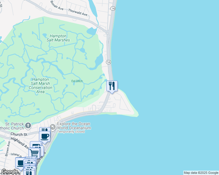 map of restaurants, bars, coffee shops, grocery stores, and more near 501 Ocean Boulevard in Hampton