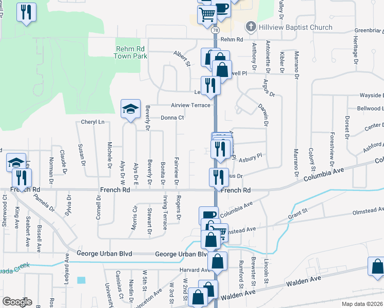map of restaurants, bars, coffee shops, grocery stores, and more near 47 Mona Court in Depew