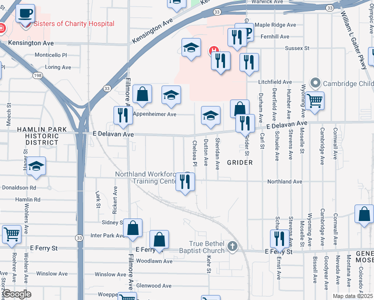 map of restaurants, bars, coffee shops, grocery stores, and more near 228 Chelsea Place in Buffalo