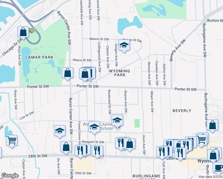 map of restaurants, bars, coffee shops, grocery stores, and more near 2410 Boulevard Drive Southwest in Wyoming