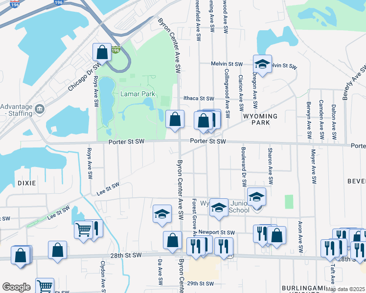 map of restaurants, bars, coffee shops, grocery stores, and more near 2356 Porter Street Southwest in Wyoming