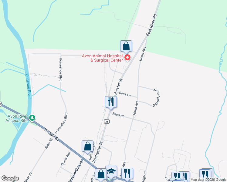 map of restaurants, bars, coffee shops, grocery stores, and more near 301 Rochester Street in Avon