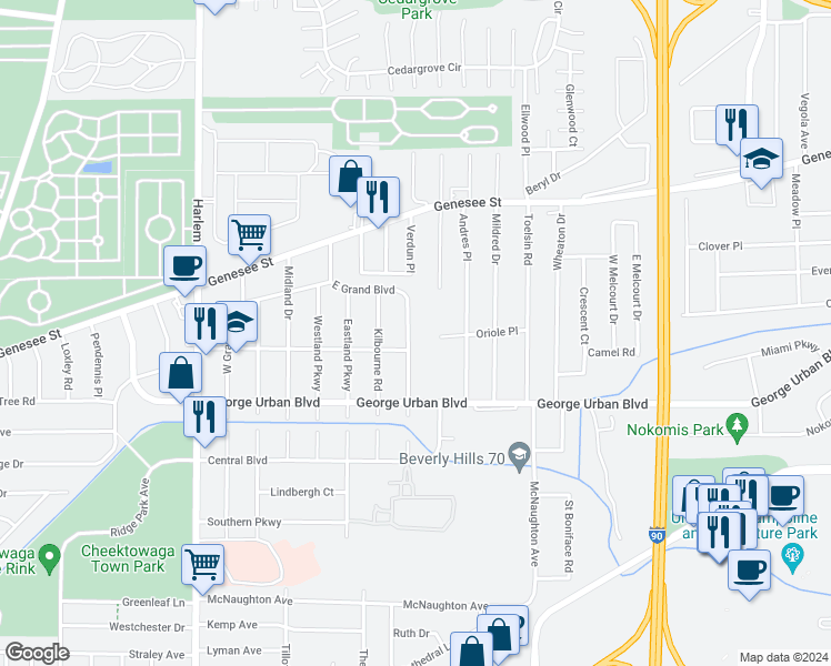 map of restaurants, bars, coffee shops, grocery stores, and more near 129 East Grand Boulevard in Buffalo