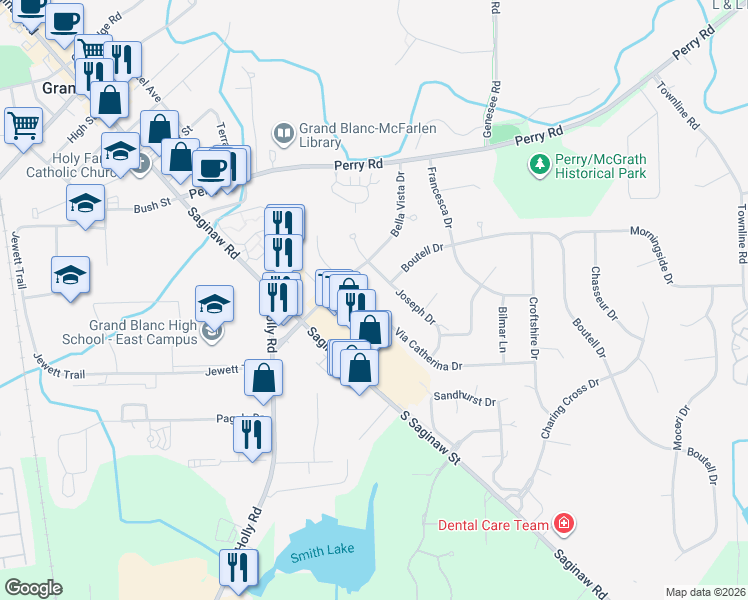 map of restaurants, bars, coffee shops, grocery stores, and more near 12729 Via Catherina Drive in Grand Blanc